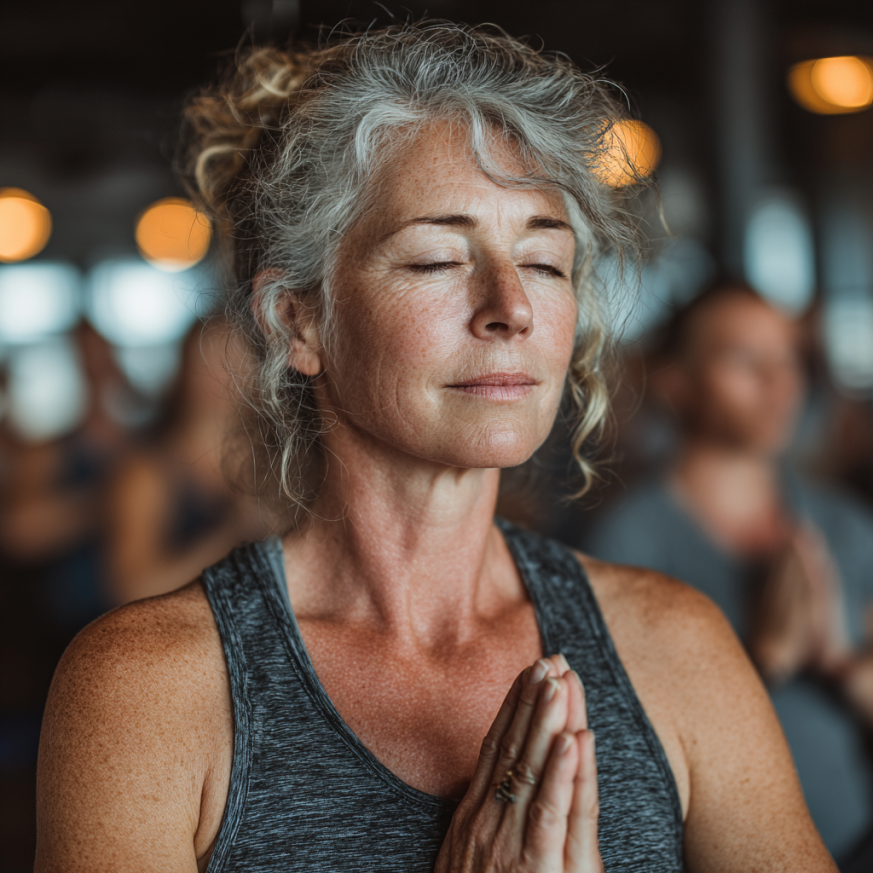 Група людей зрілого віку на заняттях йогою